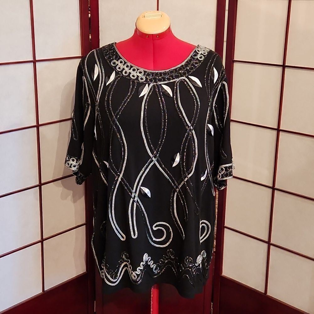 Lauren Michelle 2X Black & White Embellished & Embroidered Designer Blouse